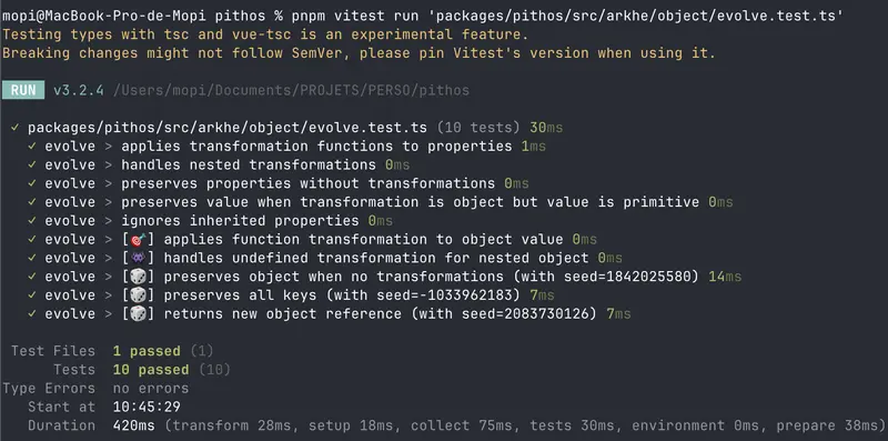 Vitest output showing Pithos evolve function tests with unit, property, and mutation test prefixes